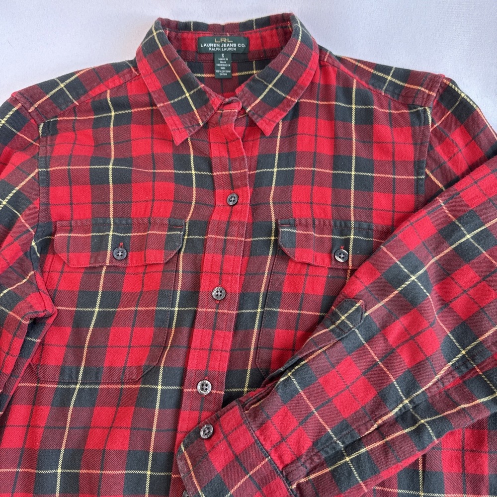 Lauren Ralph Lauren Women's Red Green Plaid 100% Cotton Flannel Shirt Top Size S